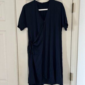 Quince Navy Silk Wrap Dress, Large